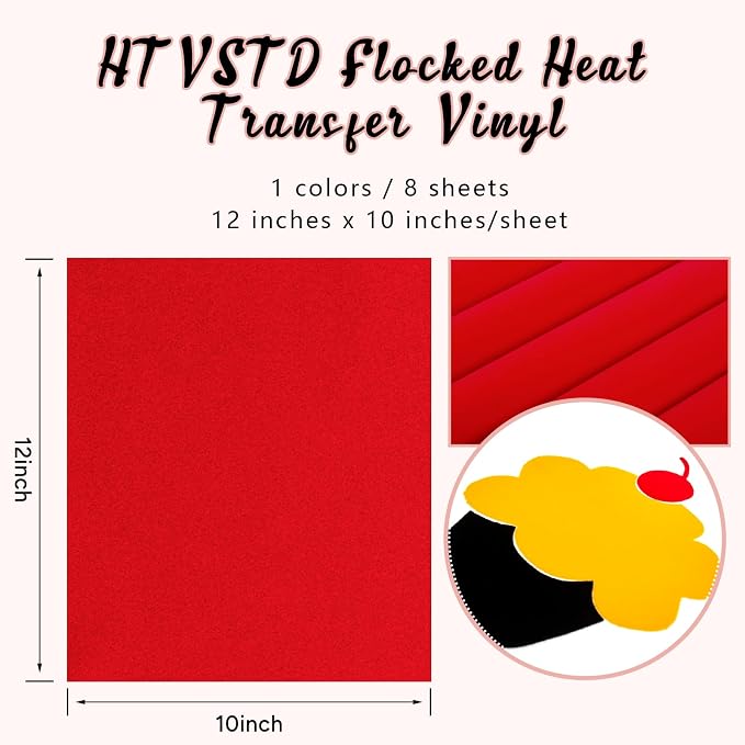 HTVSTD Red Flock HTV Heat Transfer Vinyl 8 Sheets 12×10in Iron on Vinyl |