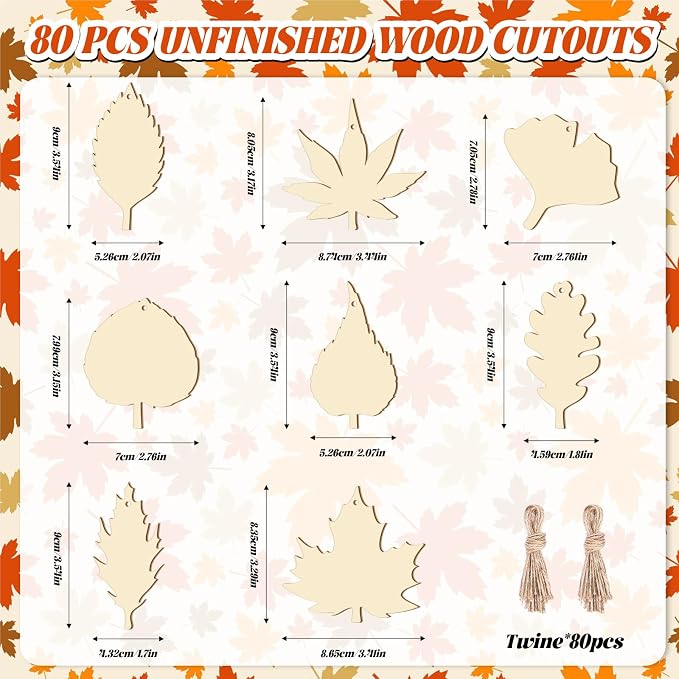 Subacy 80 PCS Unfinished Wood Cutouts 8 Styles DIY Wooden Crafts, Autumn Maple