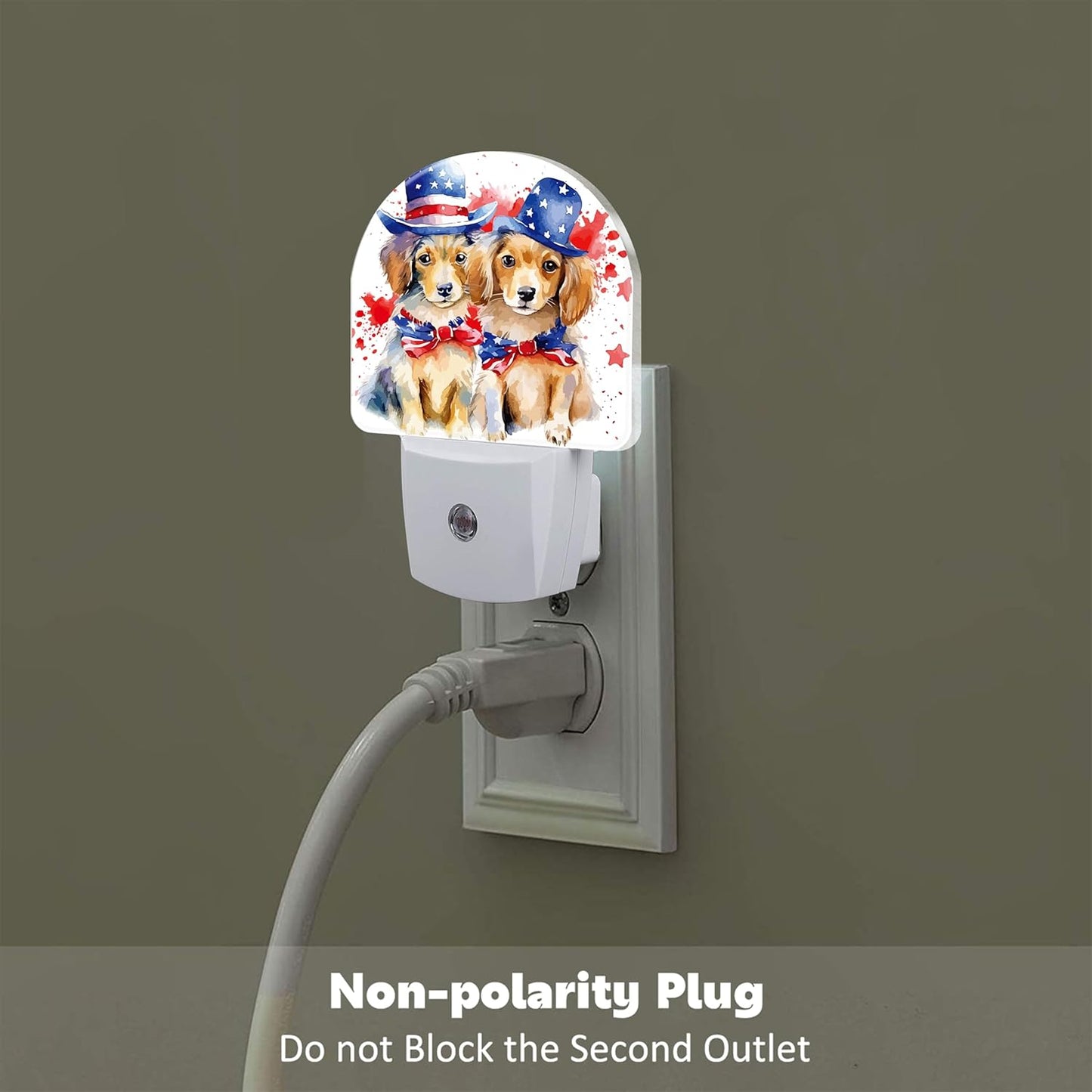 USA Flag Dog Couple Night Light Plug into Wall, American Patriotic Cute Dogs Dusk to Dawn Night Light Plug in,0.5w Energy Saving Sleep Friendly NightLight for Kids Boys Girls Home Decor