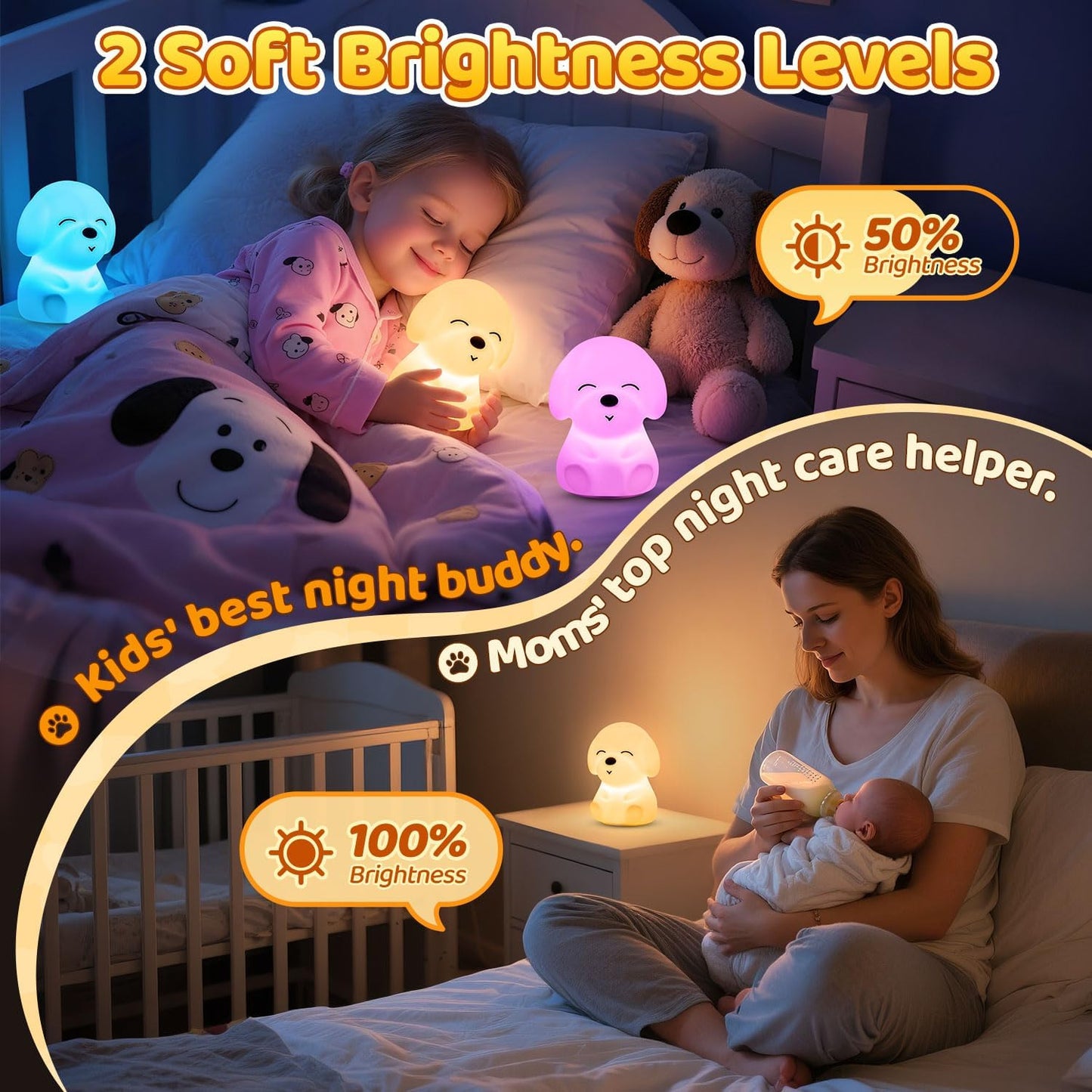 Night Light for Kids | 16 Colors & 2 Brightness & 30/60min Timer & Soft Silicone & 10h Use | Cute Night Light for Baby Nursery Kids Nightlight Dog Lamp, Kawaii Room Decor Puppy Gifts for Boys & Girls