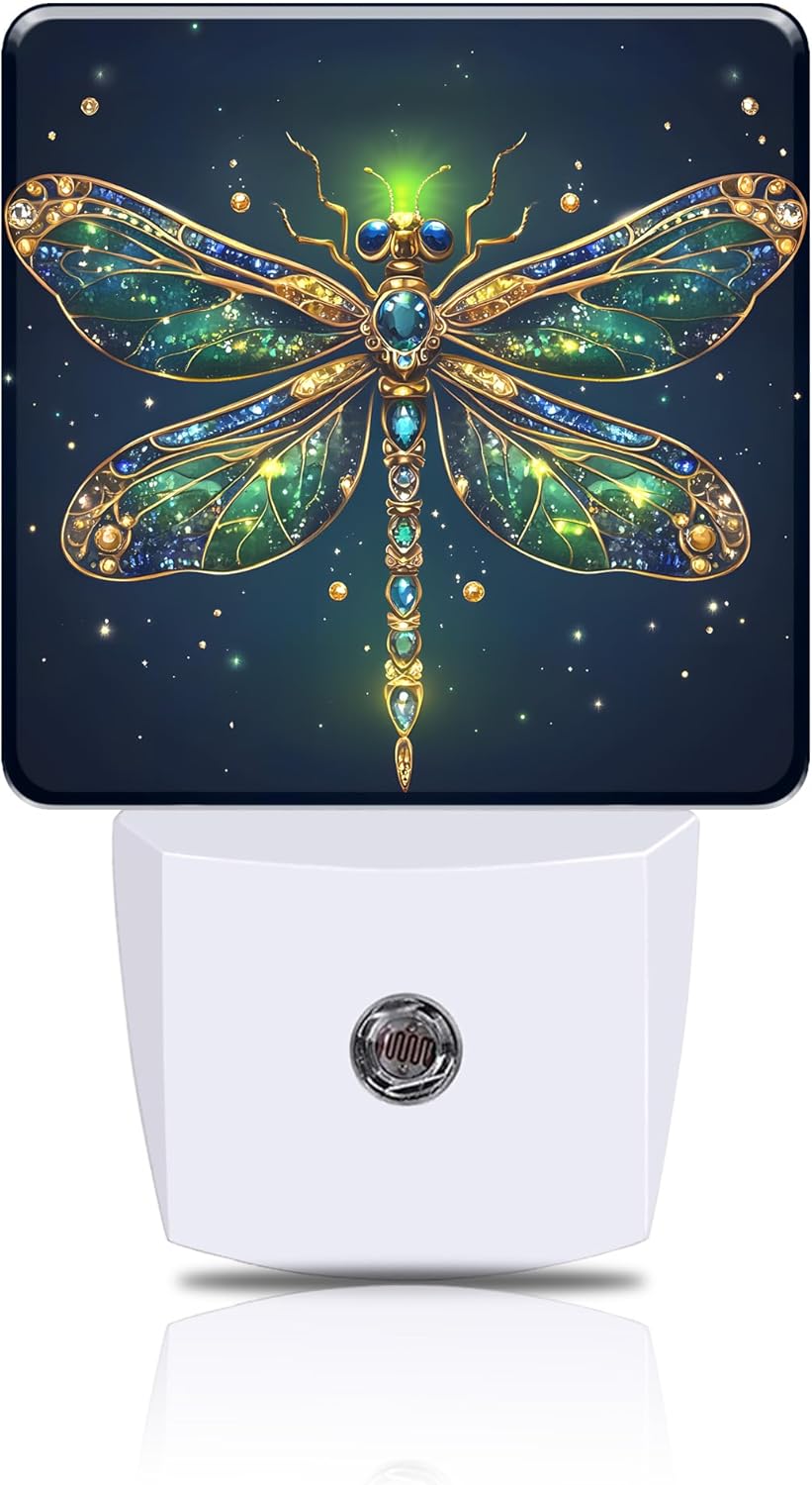 Golden Dragonfly Night Light, Plug-in Nightlight with Dusk to Dawn Auto Sensor for Home Bedroom Hallway Stairway Kitchen 0.5W Sleep Friendly Led Lamp for Women Men