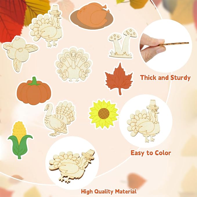 100 pcs Mixed Styles Thanksgiving Theme Unfinished Wooden Cutout Charms Pumpkin