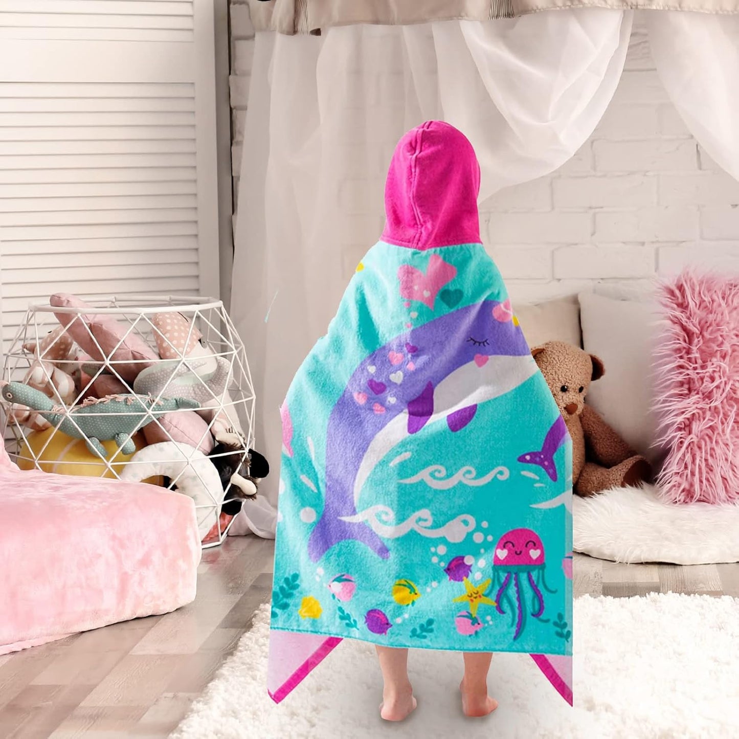 VOOVA & MOVAS Kids Hooded Beach Towels (3-10Years, 30''X50) | 100% Cotton | Large Soft Thick Absorbent Wrap Blanket | Ideal for Beach, Pool, Bath | Pink Whale
