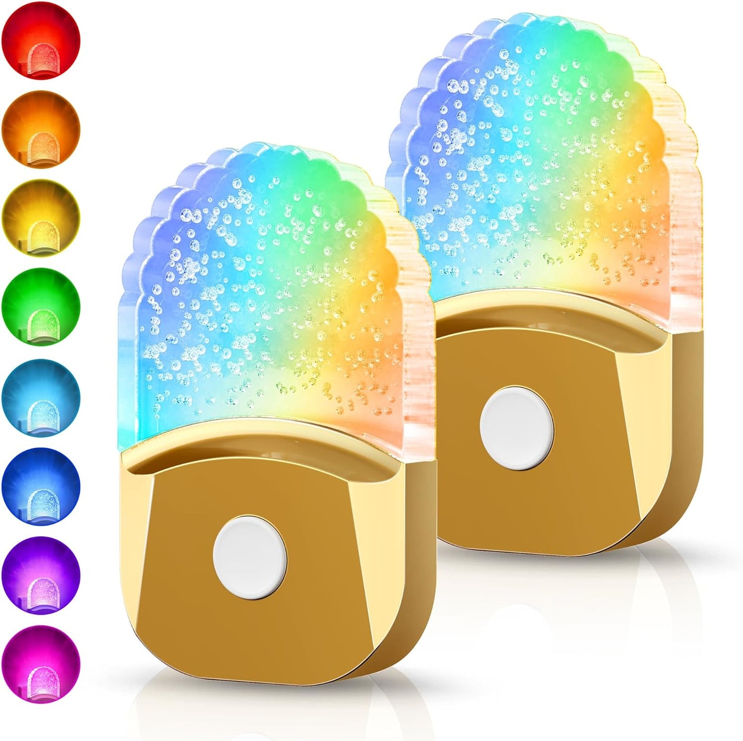 DORESshop 8-Color RGB LED Night Lights Plug Into Wall [2 Pack], Color Changing Night Light with Dusk to Dawn Sensor for Bathroom Decor, Children Room, Golden Cover