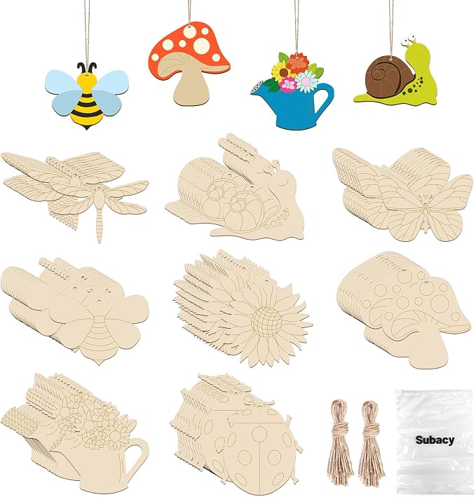 Subacy 80 PCS Unfinished Wood Cutouts 8 Styles DIY Wooden Spring Ornaments