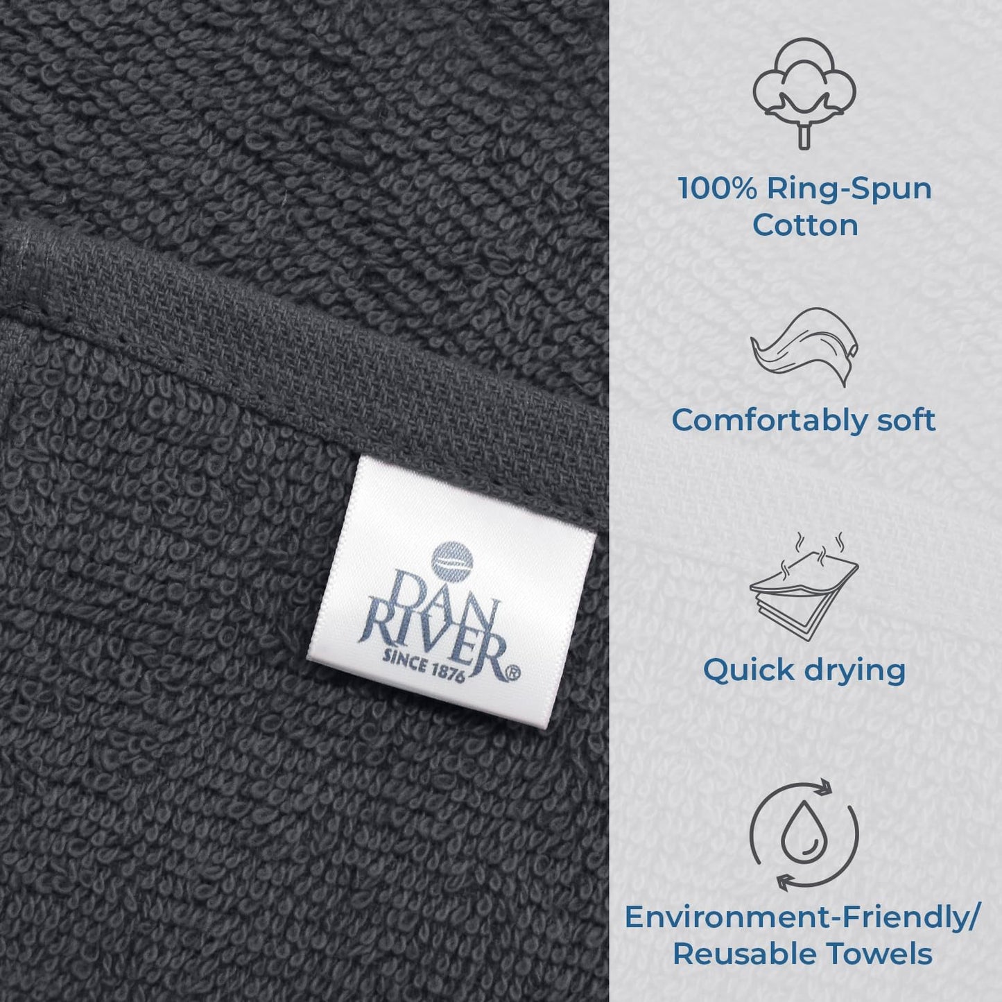DAN RIVER 100% Cotton Wash Cloths 12 Pack [12x12] Soft & Absorbent Thin washcloths, Gym, Hotels & Spa Perfect for Everyday Use Fingertip Towels, Charcoal