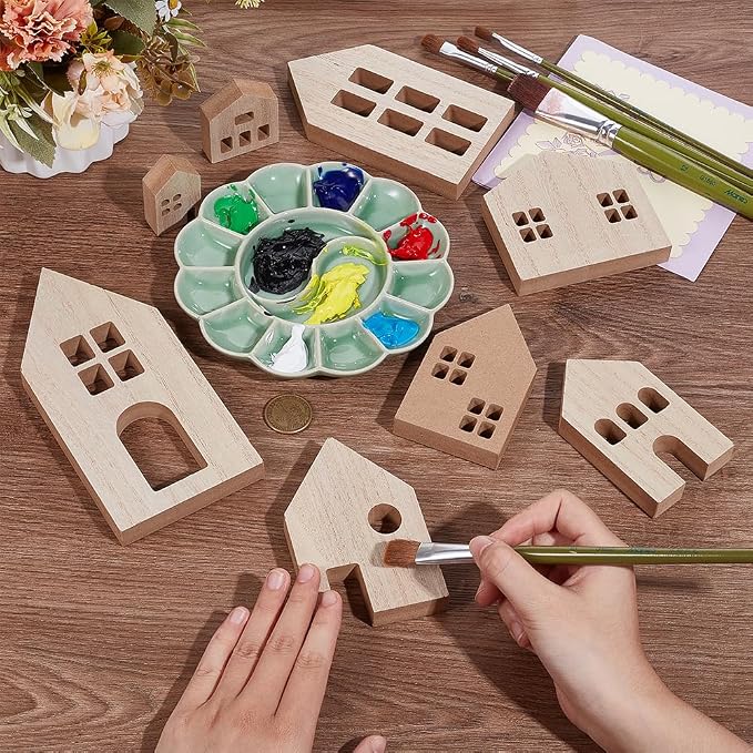 OLYCRAFT 8 Piece Wooden House Blocks Blank Unfinished House Block MDF Craft