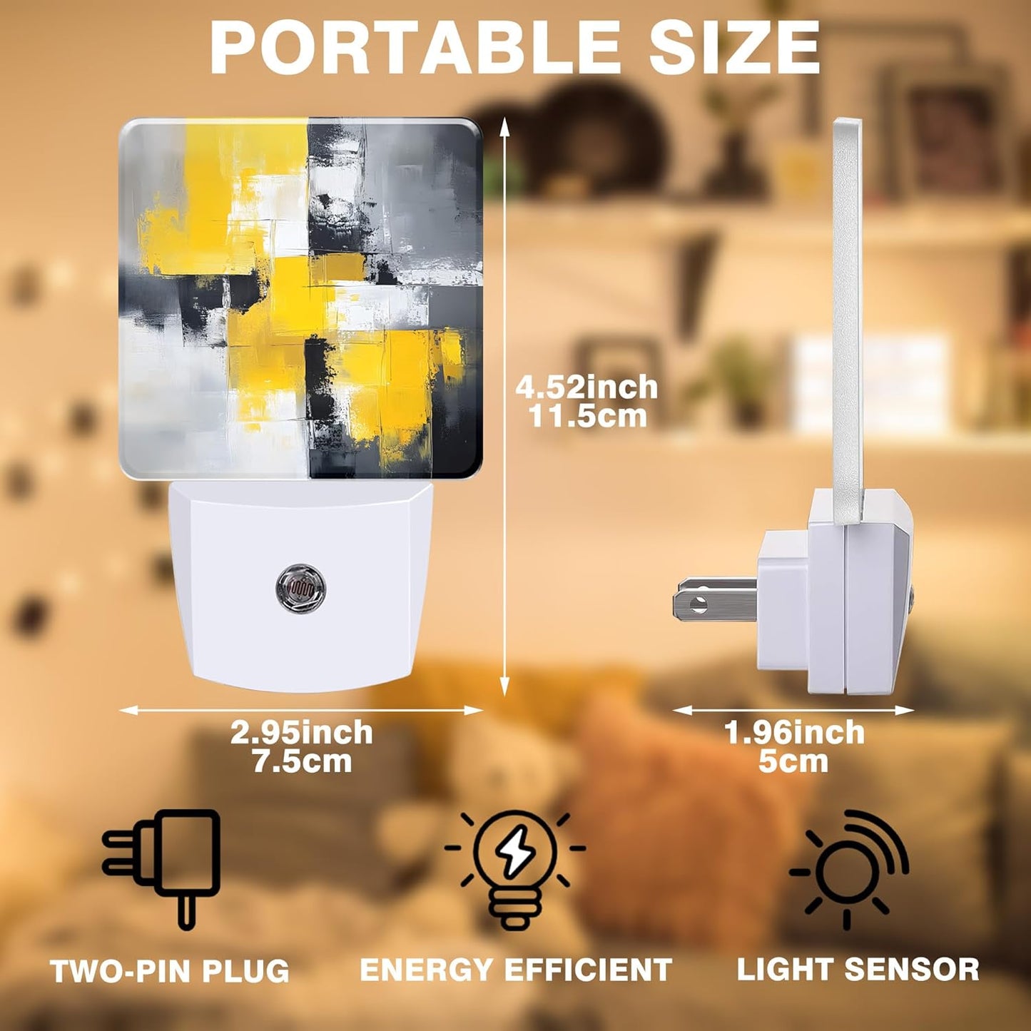 Grey and Yellow Abstract Art Night Light, Plug-in Nightlight with Dusk to Dawn Auto Sensor for Home Bedroom Hallway Kitchen 0.5W Sleep Friendly Led Lamp for Women Men