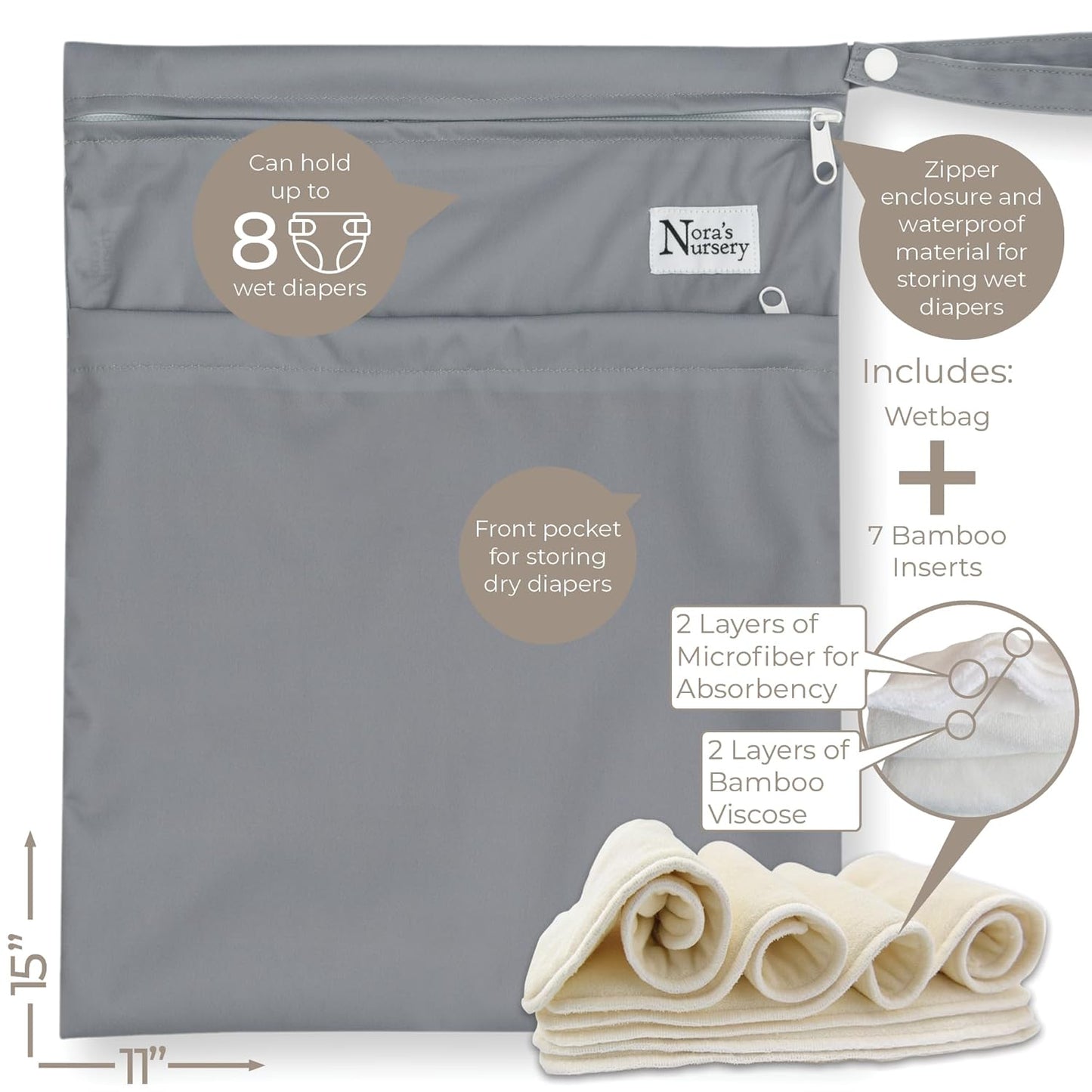Nora's Nursery Cloth Diapers 7 Pack with 7 Inserts & 1 Wet Bag - Waterproof Cover, Washable, Reusable & One Size Adjustable Pocket Diapers for Newborns and Toddlers -Geared up