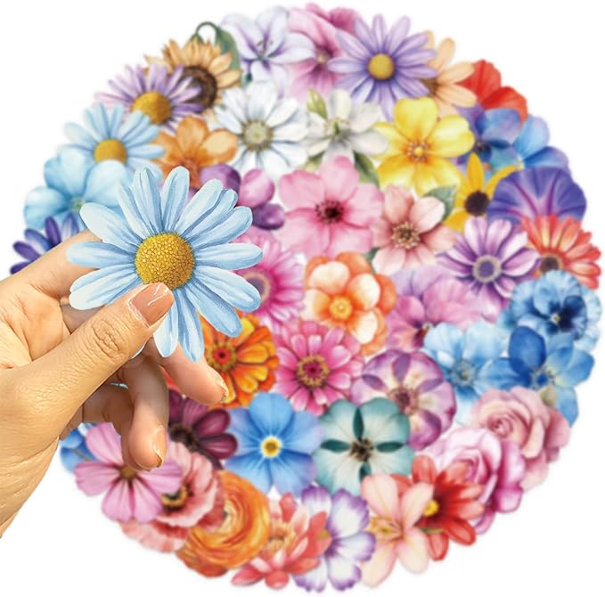 50PCS Transparent Watercolor Flower Stickers, Waterproof PET Floral Decals