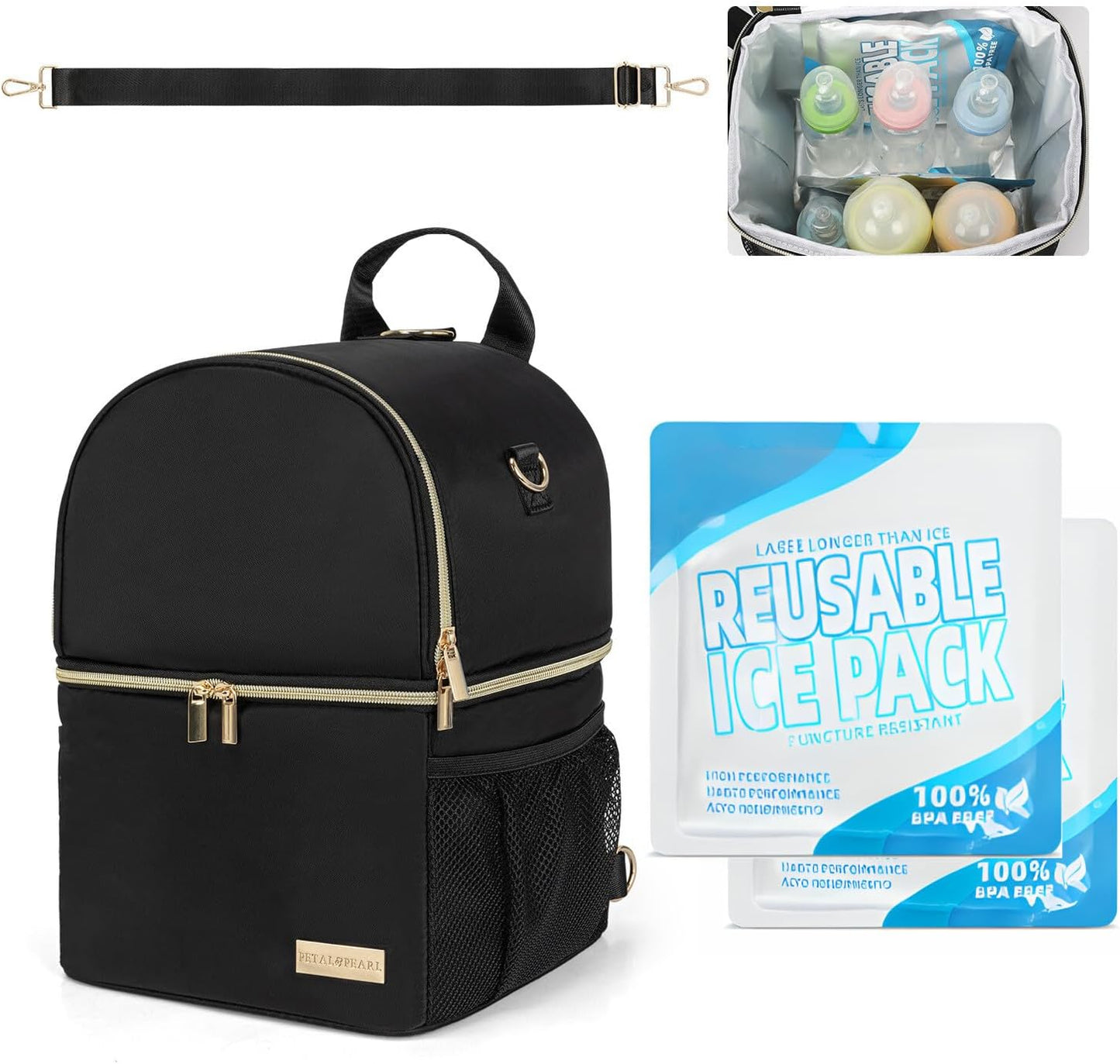 Breastmilk Cooler Travel Bag – 2-in-1 Pump & Bottle Compartments | Insulated for 8 Hours with 2 Gel Ice Packs | Waterproof, Fits 9oz Bottles | Convertible Backpack & Shoulder Bag