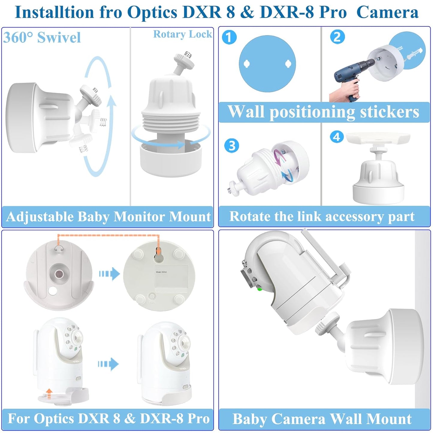 Adjustable Baby Camera Monitor Wall Mount Stand Holder Compatible with Infant Optics DXR-8 and DXR-8 Pro Cameras with 1/4" Threaded Hole Cameras,Flexible Baby Cameras Holder Easy to Install