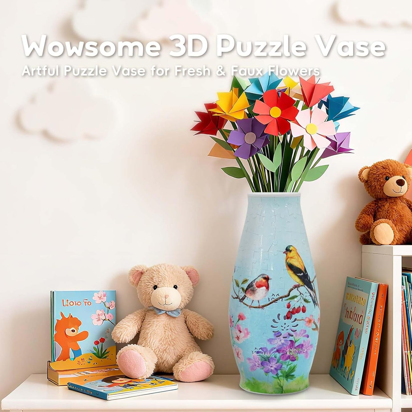 3D Puzzle Vase for Adults, 3D Puzzle Vases for Flowers, 152 Pcs 3D Puzzles Art Vase for Kids Ages 8-13, Cute Unique Flower Vases Decoration with Night Light, Crafts for Adults(Bird)