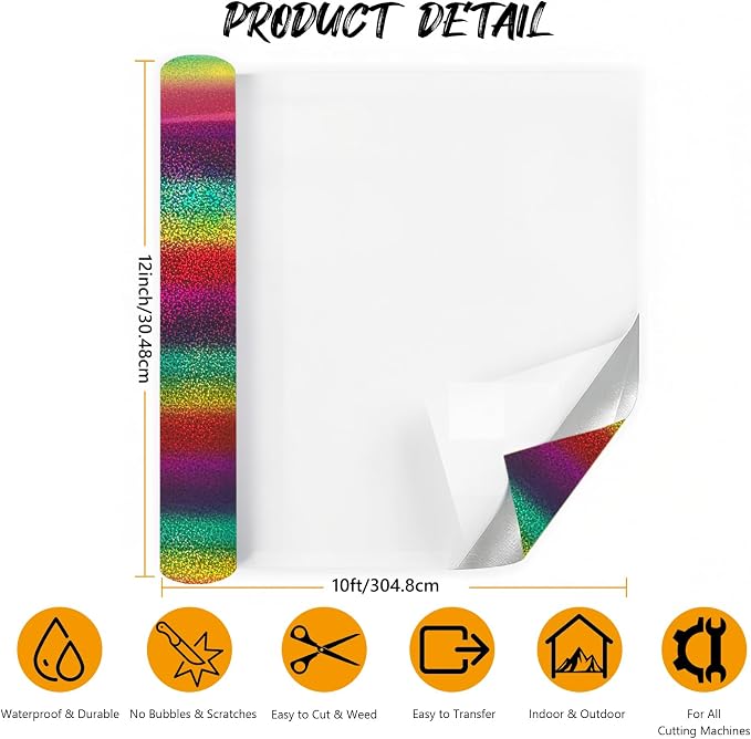 Glitter Rainbow Gradient Permanent Adhesive Vinyl 12'' x 5FT Iridescent Sparkle