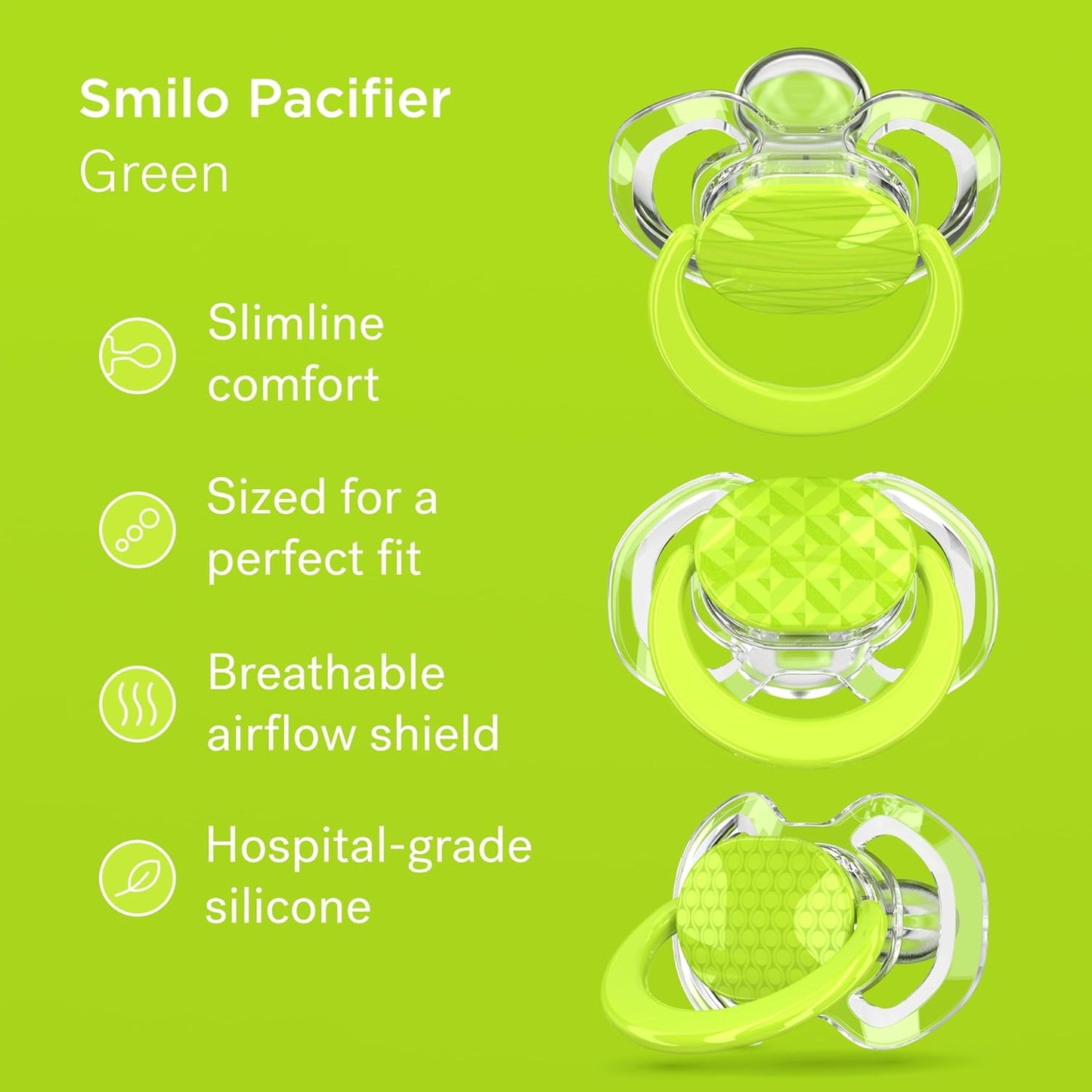 Smilo Baby Pacifier with Orthodontic Design for Healthy Dental Development - Stage 1 for Babies 0-3 Months - Pack of 3X 100% Silicone Newborn Pacifiers BPA Free - Green