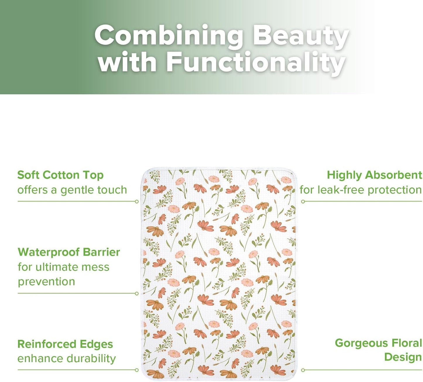 haakaa Waterproof Changing Pad Liners, 100% Cotton, Soft & Breathable (1pc, 19.5" x 27.5" Velvet Bloom)