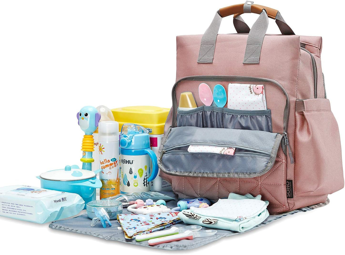 SoHo Kenneth Diaper Backpack 6Pc Set Tote Bag, Pink