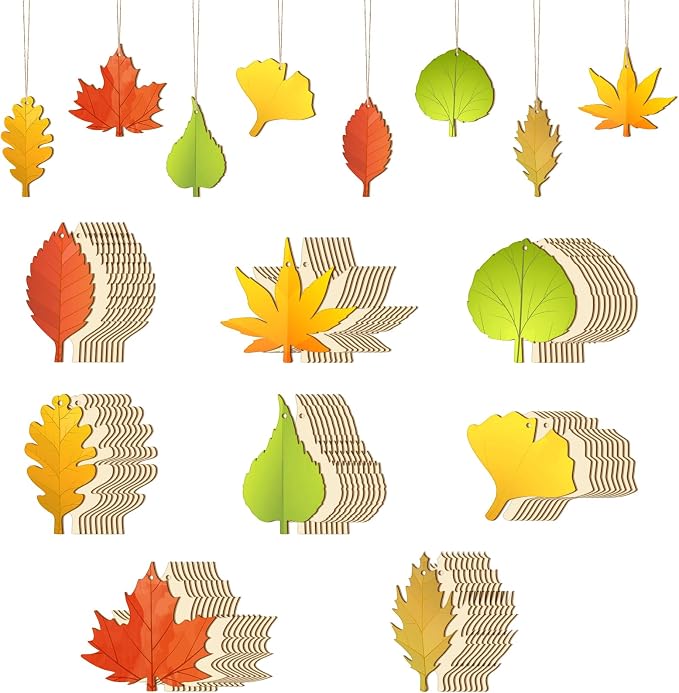Subacy 80 PCS Unfinished Wood Cutouts 8 Styles DIY Wooden Crafts, Autumn Maple