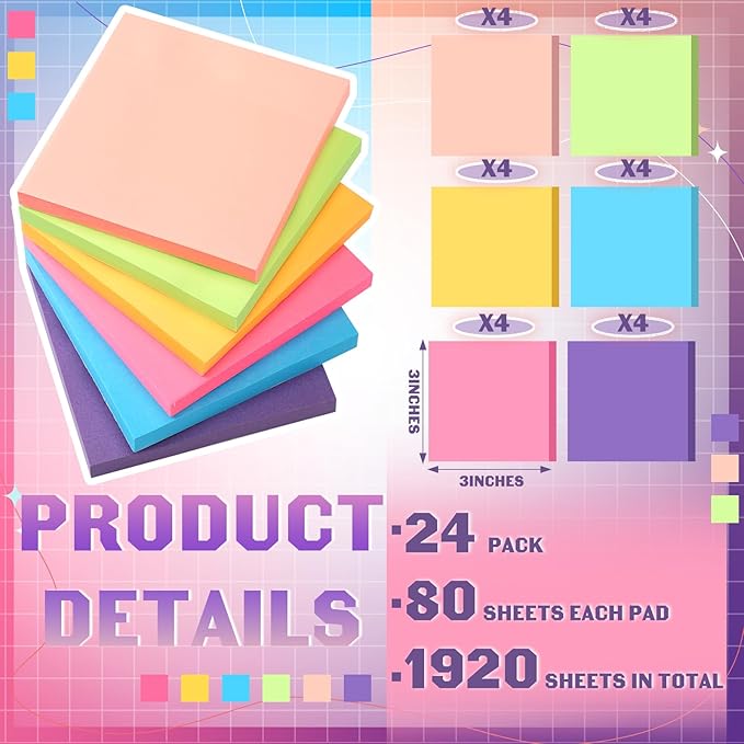 Kajaia 24 Pads Full Adhesive Sticky Notes Colorful Sticky Notes Adhesive Memo