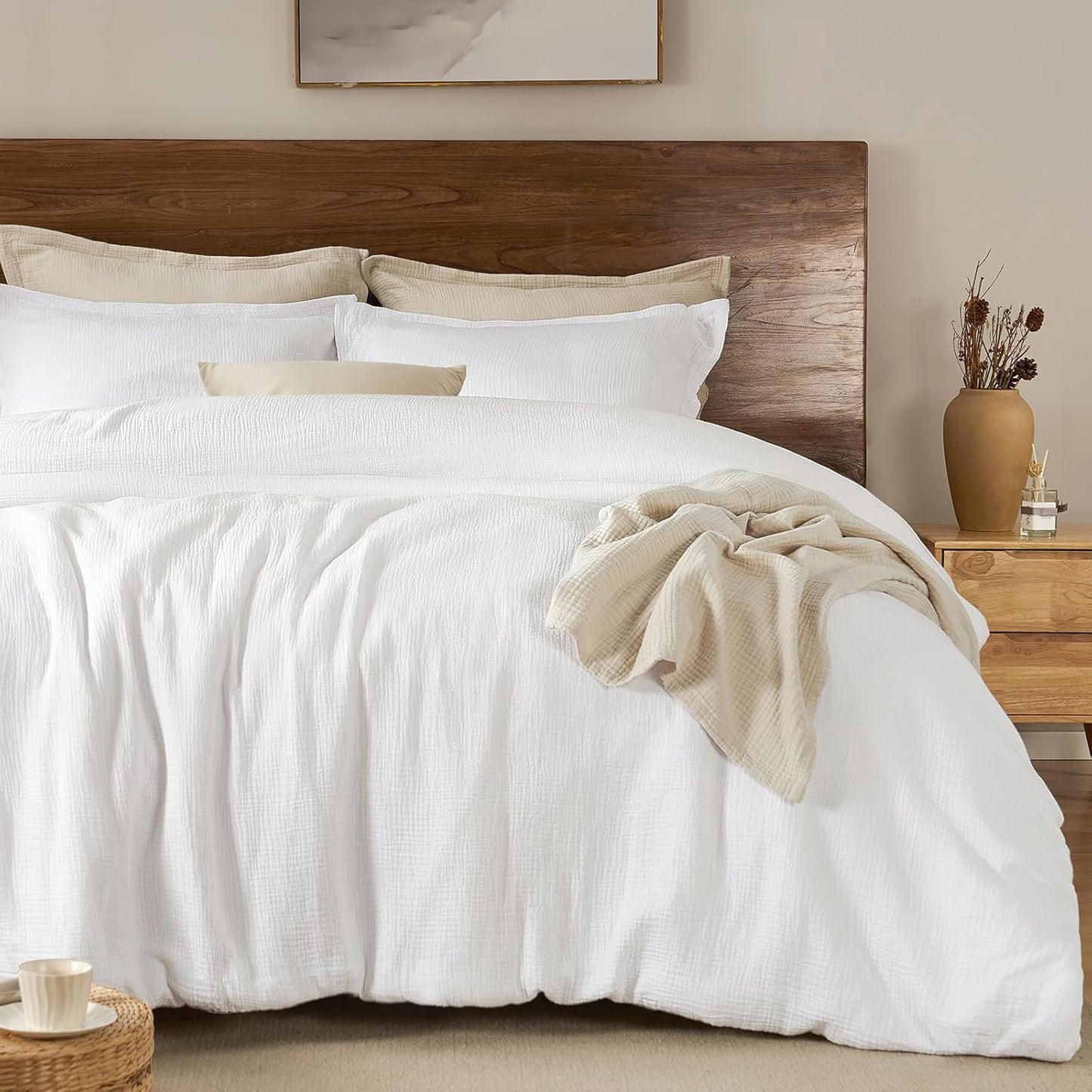 PHF Cotton Muslin Comforter Set Queen Size – Ultra Soft, Breathable & Lightweight Bedding Set for All Seasons, 3 Pieces - 1 Comfy Comforter 90"x90", 2 Pillow Shams 20"x26", White