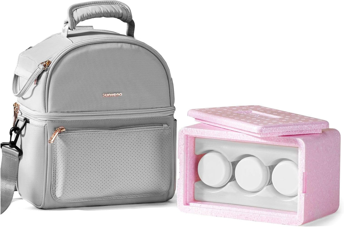 Sunveno Breastmilk Cooler Bag Set with 2 Ice Packs & Detachable Insulation Box, 15-Hour Cold Retention Foil-Lined Leak-Proof Tote Fits 3 Baby Bottles for On-The-Go Pumping Moms, Daycare & Travel,Grey