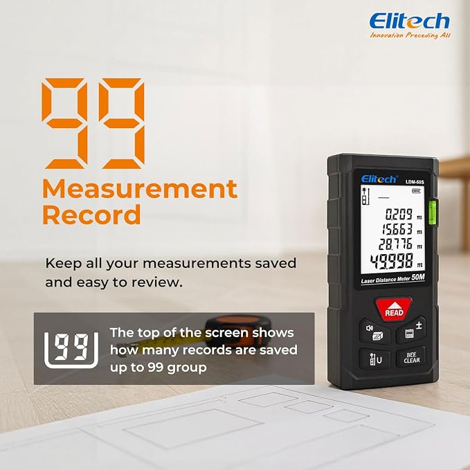 Elitech Laser Tape Measure, 165ft Laser Distance Meter