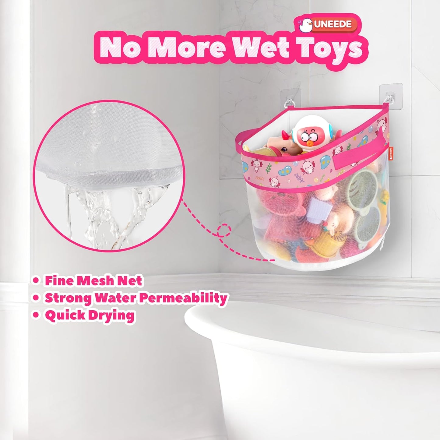 UNEEDE Axolotl Print Bath Organizer, 4.15 Gallons, Quick Dry Mesh Shower Caddy, Pink