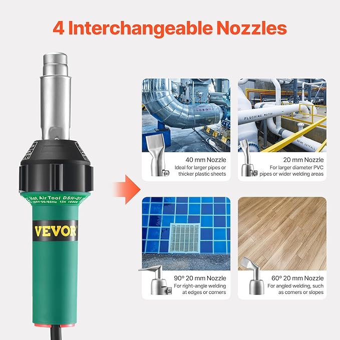 VEVOR Hot Air Plastic Welder, 1600W Hot Air Torch Pistol, 122-1112℉ PVC TPO Vinyl Heat Gun Welding Torch, Plastic Roofing Welding Kit with 9 Accessories- 4 Nozzles & 4 Seam Rollers for PP/PE/PVC Sheet