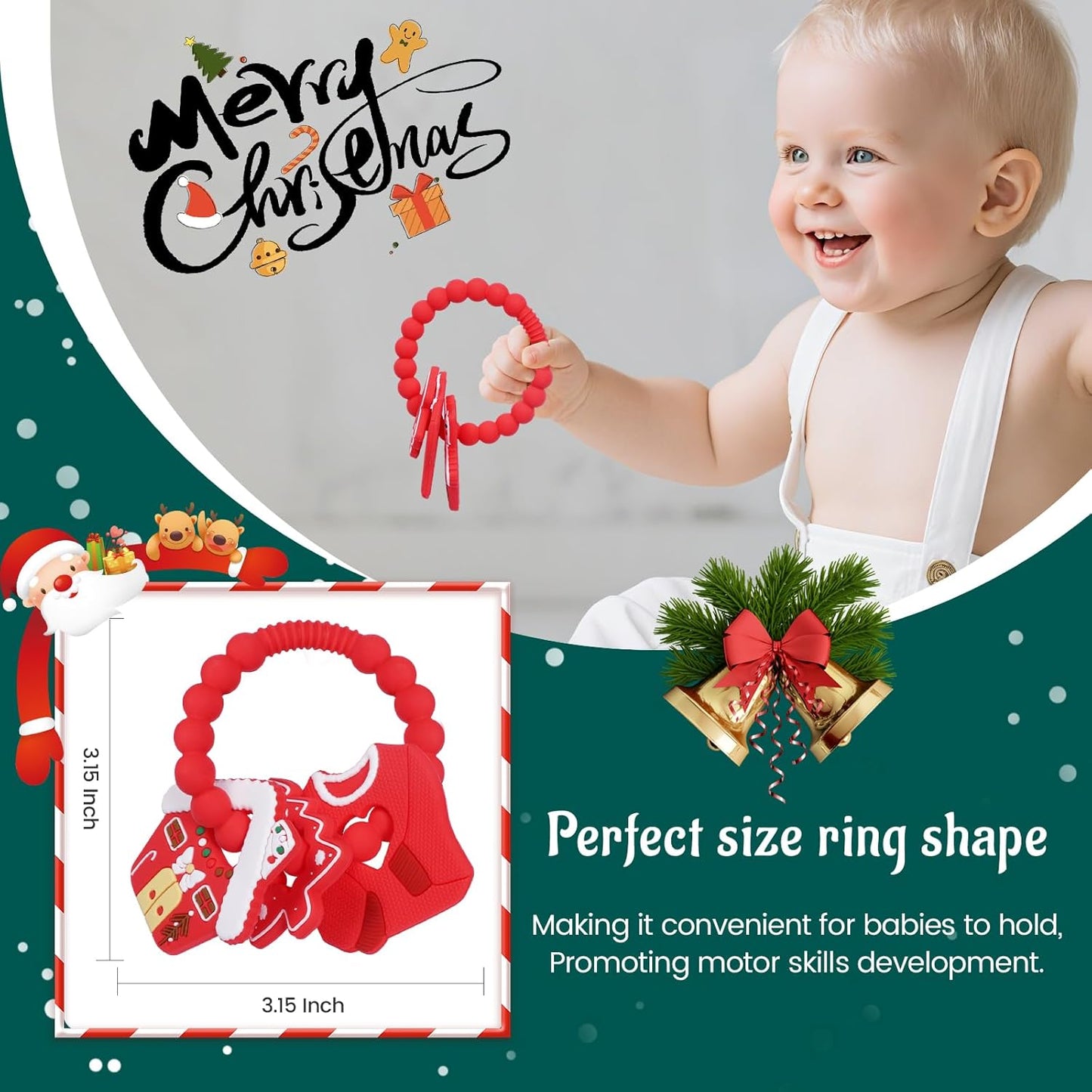 Baby Silicone Christmas Ring Toy,Food Grade Silicone Chew Toys for 0-6,6-12,12-18 Months Newborns,Infants,Toddlers Teething Relief,Safe and Soft,BPA Free,Baby Essentials. (Red)