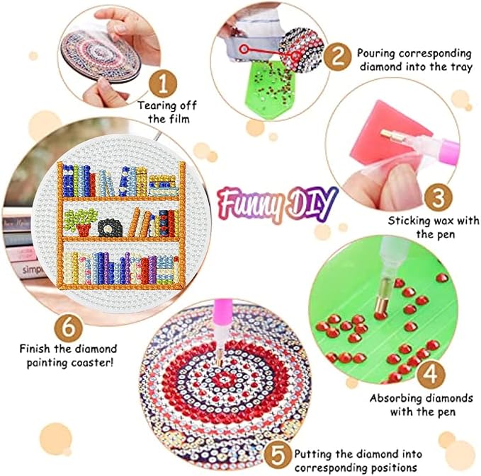 8 Pack Diamond Art Coasters, Bookshelf Diamond Painting Coasters Kits | Books