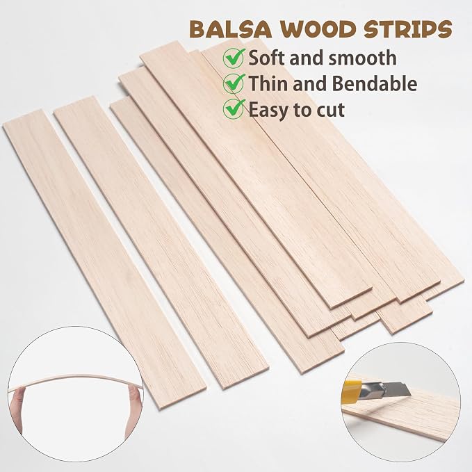 Balsa Wood Sticks, Balsa Wood Strips Slats 1/8" × 1.5" × 12", Wooden Sticks
