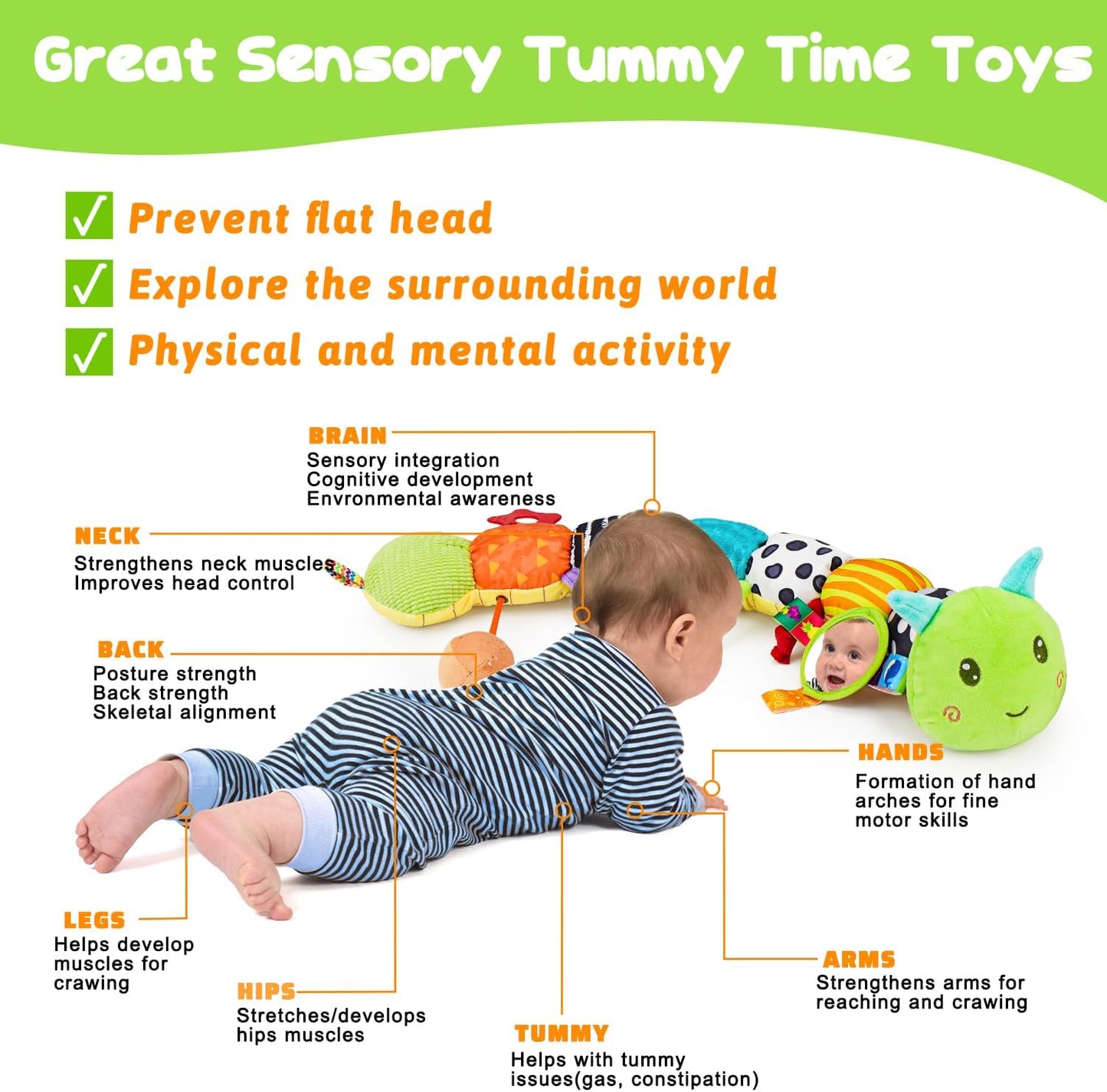 Baby Sensory Toy 0-6 Month Music Animal Stuffed Plush Caterpillar Toy for Infant 0-3-6-12 Month Old Tummy Time with Baby Mirror Crinkle Rattle Carseat Toys for Newborn Boys Girl Shower