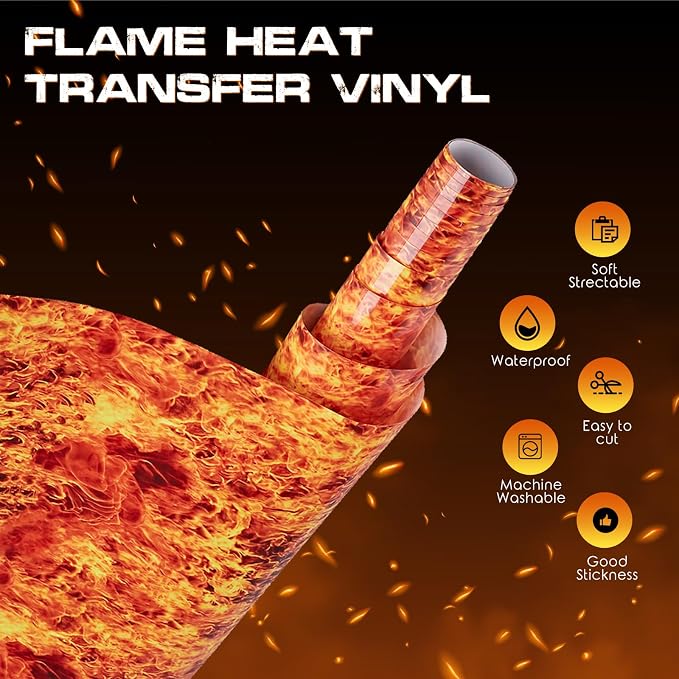 Tintnut Orange Red Flame Heat Transfer Vinyl Roll, stretch washable, compatible