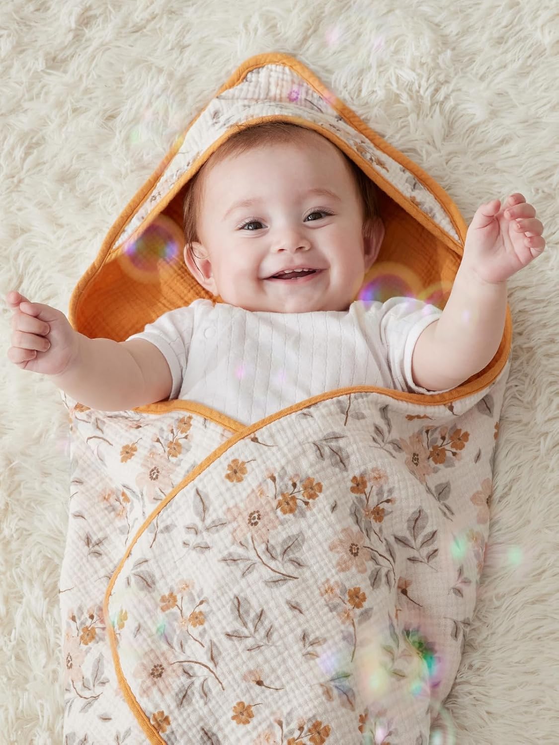 TILLYOU Muslin Hooded Baby Towels for Newborn 2 Pack, 32x32Inch Soft Baby Bath Towel Highly Absorbent for Newborn and Infant, Essential for Newborn Care, Yellow Flower