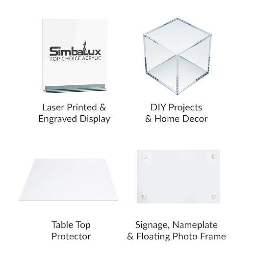 SimbaLux Acrylic Sheet Clear Cast Plexiglass 12”x12” 1/8” Thick 3mm, 4 Pack |