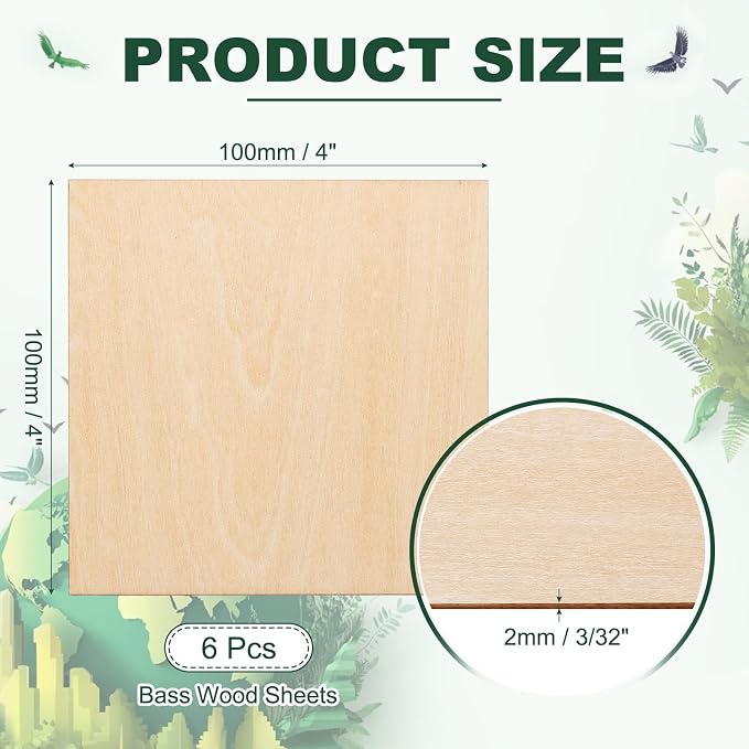 HARFINGTON 6pcs 2mm Basswood Plywood Sheets 4" x 4" x 3/32" Thin Unfinished
