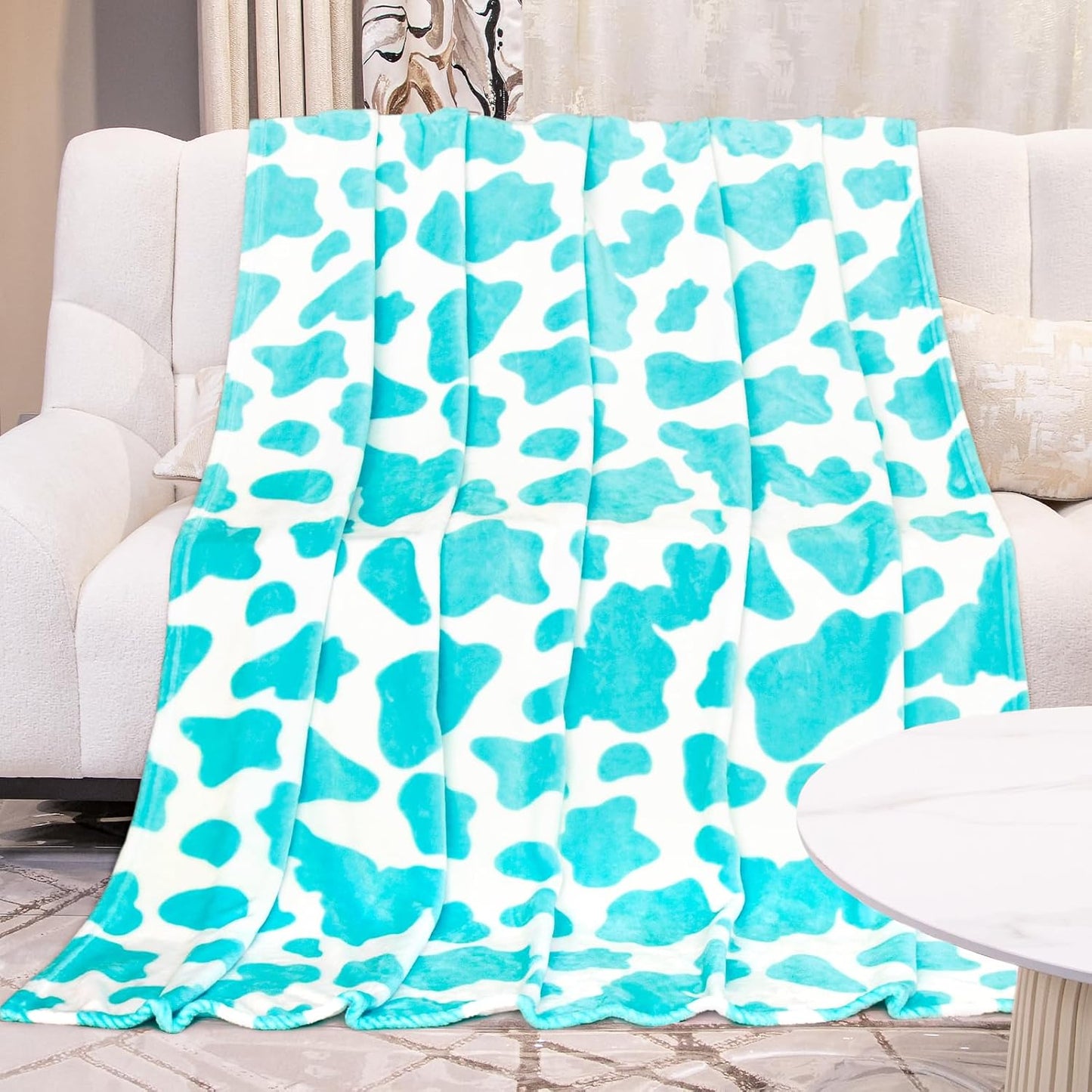 Blue Cow Print Twin Blanket - Lightweight Fuzzy Soft Throw for Bed, Sofa, Dorm, Couch - Cozy Cyan Gifts for Teens Girls Bedroom Decor