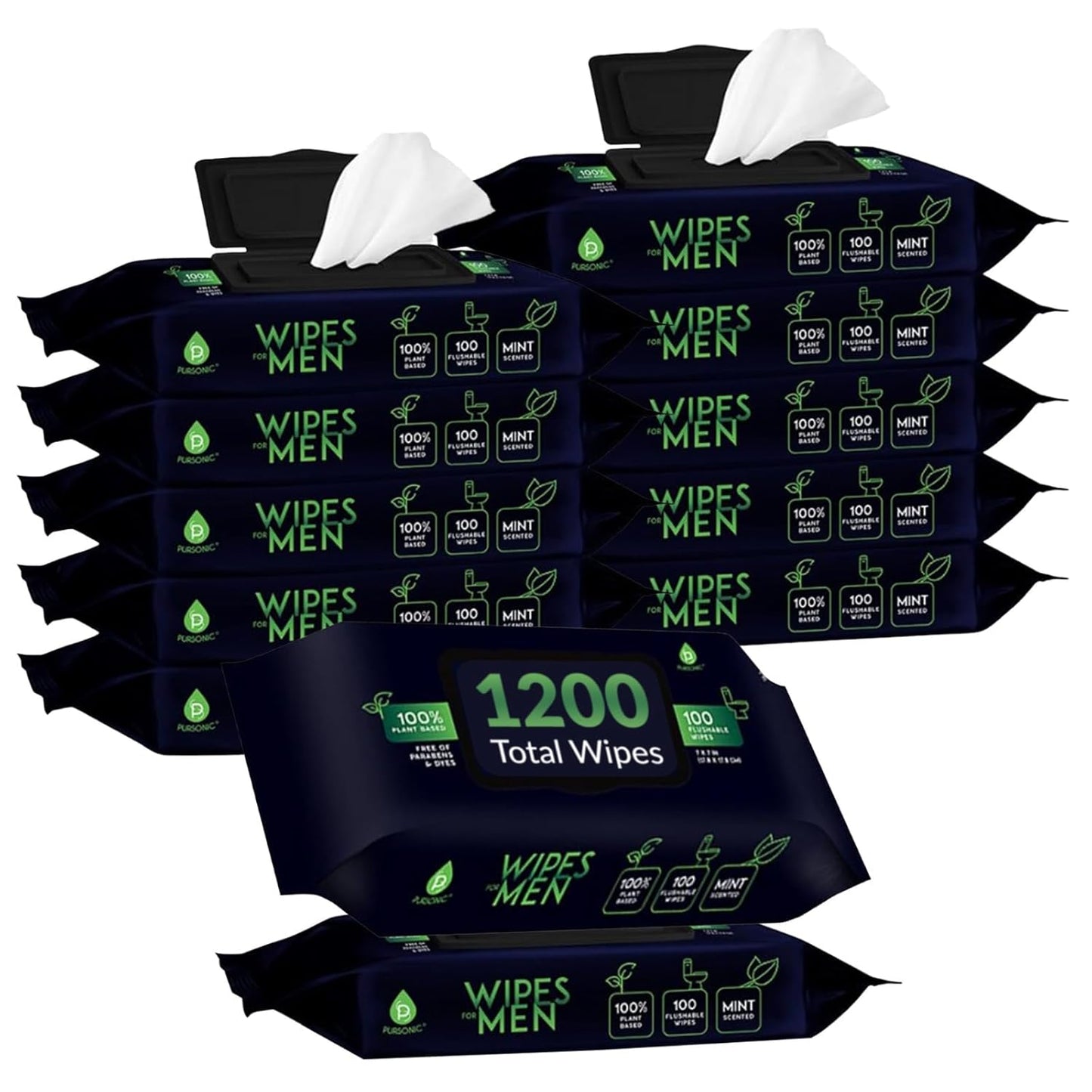 Pursonic Soft Mint Scented Flushable Wipes for Men - 12 Pack (1200) Plant Based Face and Body Wipes with Aloe Vera & Vitamin E - Extra Large Wipes for Gentle & Thorough Cleansing