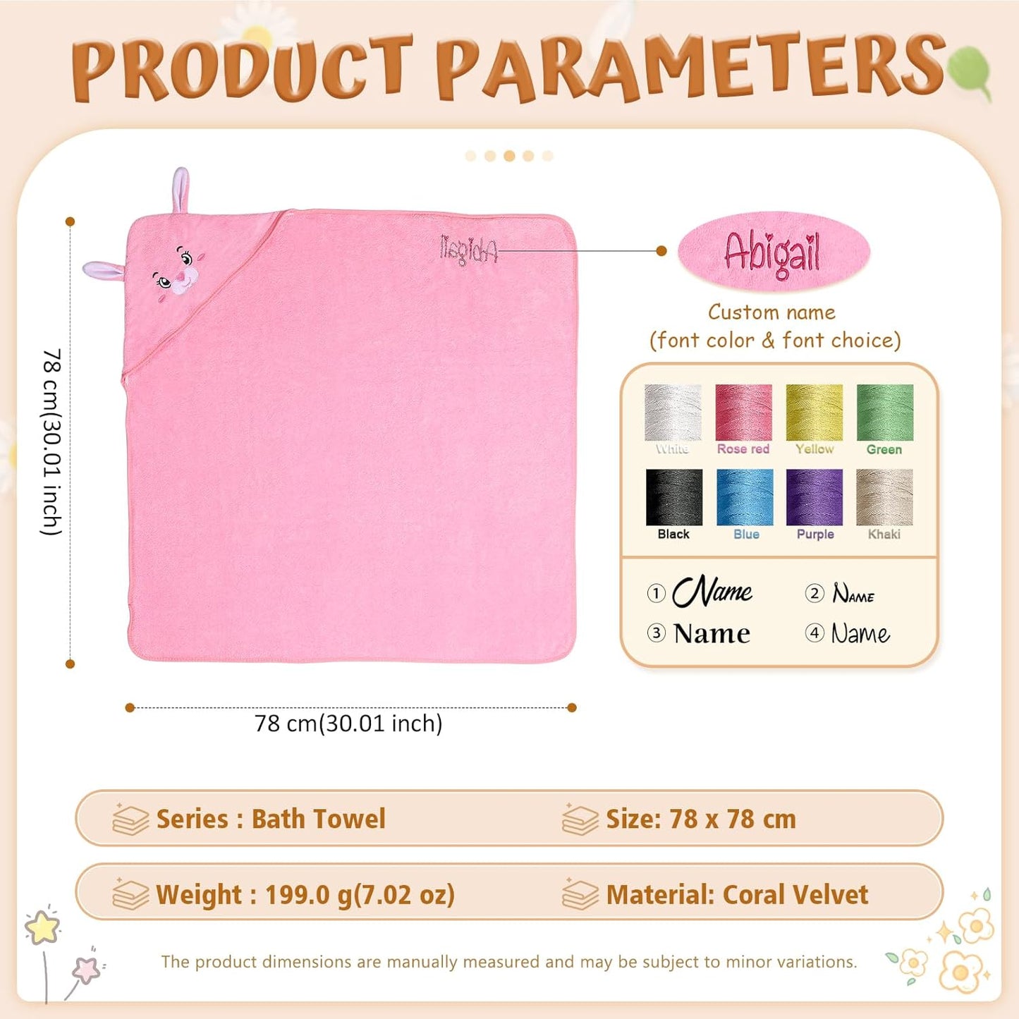 Personalized Baby Towels for Newborn Custom Embroidery Name Hooded Baby Bath Towels for Boy Girl Newborn Essentials Must Haves Shower Gift Soft Coral Velvet 30"x30" (Pink)