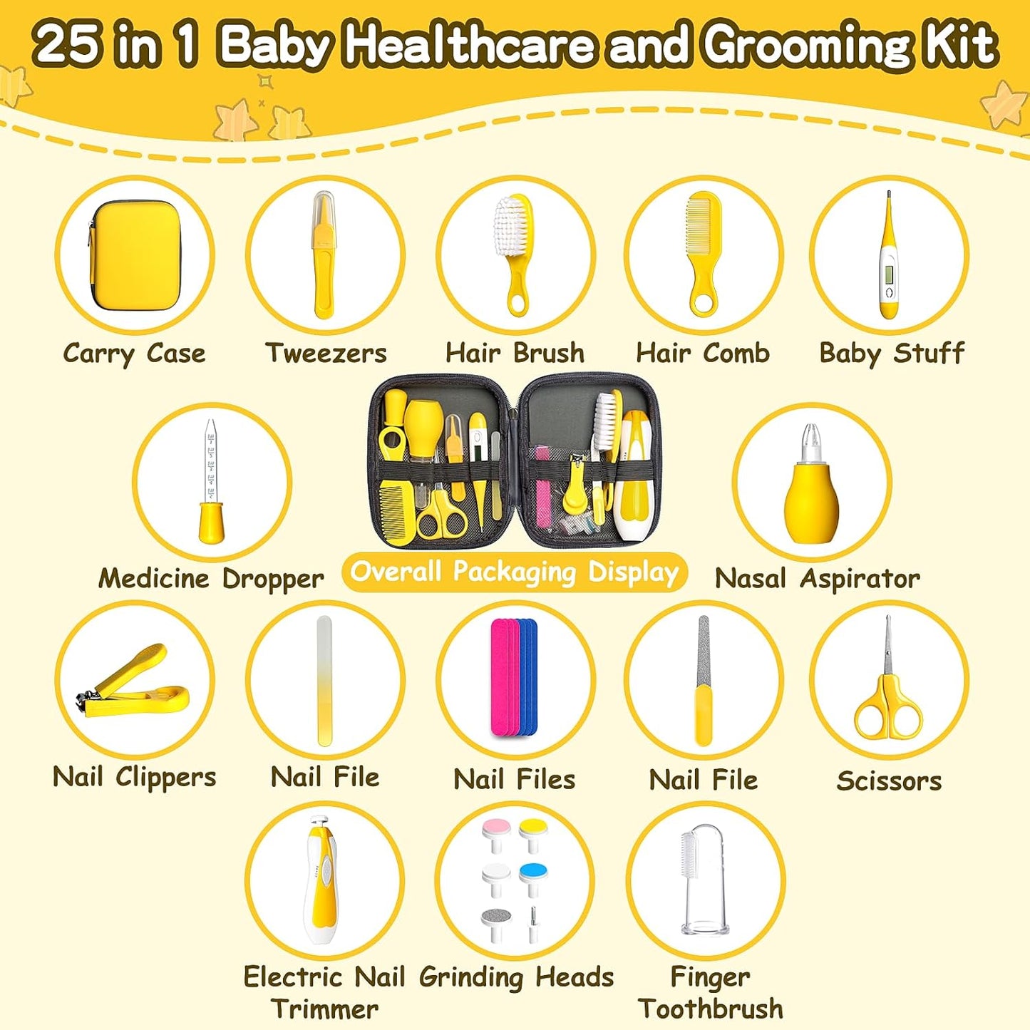 Baby Grooming Kit for Boys Girls Safety Newborn Nursery Essentials Grooming Set Gift for First-time Parents, Yellow 25 in 1