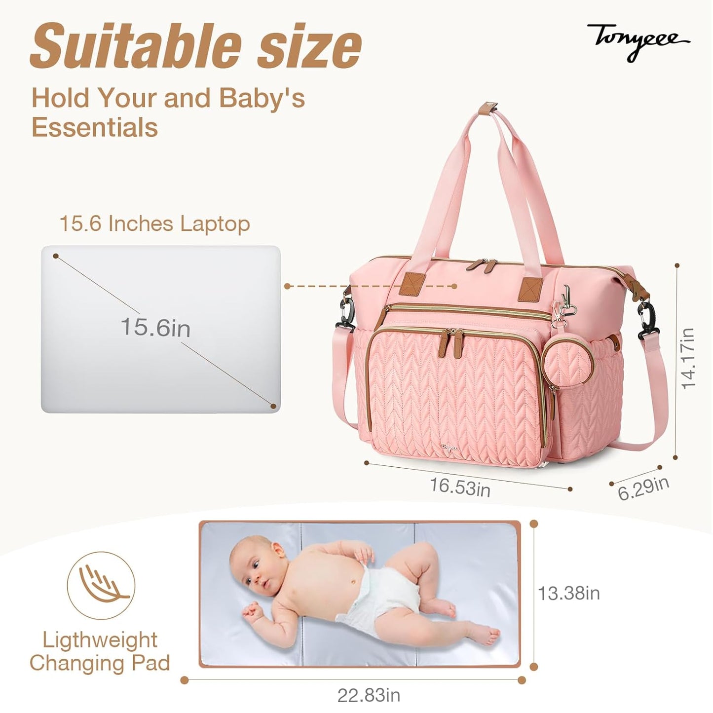 Diaper Bag Tote, Large Diaper Bags Waterproof, Hospital Bag for Labor Delivery, Baby Bag with Pacifier Case, Travel Diaper Tote with Changing Pad, Pink