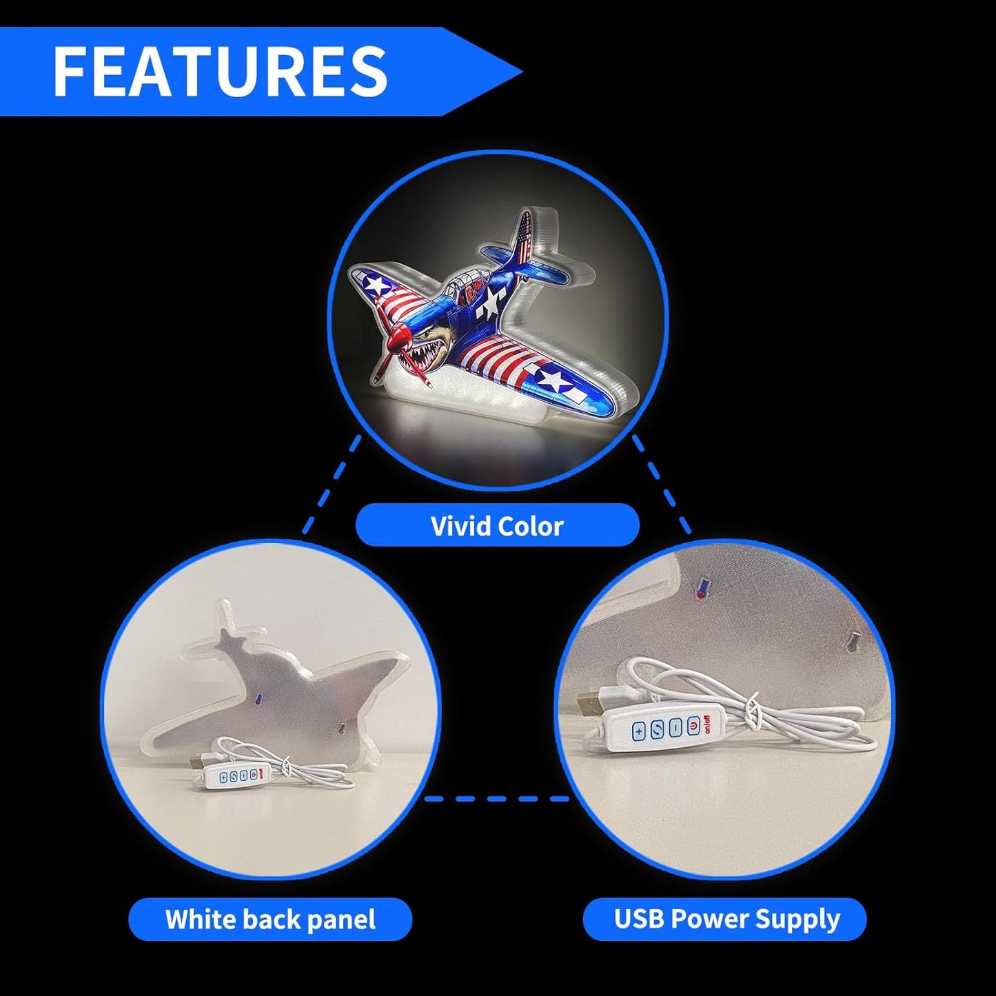 American Shark Fighter Warplane Night Light Up Box for Boy Kids Teens Gifts USB Powered Lamp Lightbox Bedroom Room Wall Hanging Art Table Desk Decorations Decor Sign