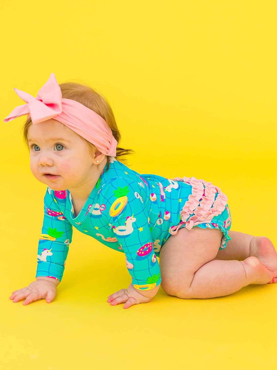 RuffleButts Baby Girls UPF 50+ Sun Protection Novelty Print Long Sleeve One Piece Rash Guard Swimsuit with Zipper