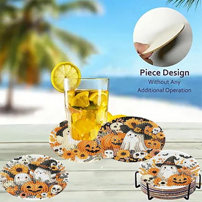 8 Pack Halloween Diamond Art Coasters, Ghost Diamond Painting Coasters Kits |