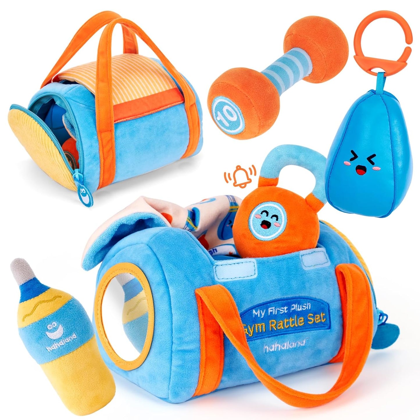 hahaland Baby Toys 6-12 Months - Baby Toys 3-6 Months Montessori Toy for 6 Month Old, Sensory Toy for Babies Workout Weights Dumbbell Toy Set with Soft Rattles Mirror, Christmas Baby Gifts