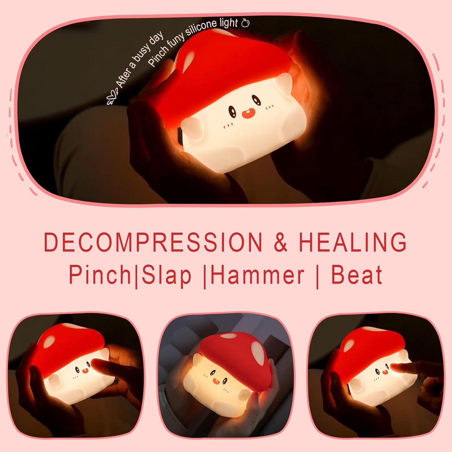 Mushroom Night Light, Cute Hug Mushroom Decor Lamp, Led Squishy Soft Silicone Night Lamp, Dimmable Rechargeable Portable Touch Nightlight for Kids Sleep, Nursery Room Cute Christmas Gifts