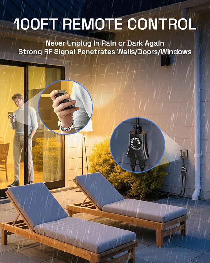 HBN Outdoor Light Timer with Remote Control, Waterproof Light Sensor Timer, 100 ft Wireless Range, 2 Grounded Outlets for Christmas Lights, 15A 1/2HP Heavy Duty