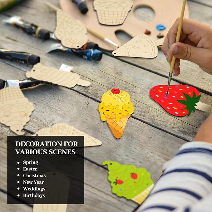 Subacy 80 PCS Unfinished Wood Cutouts 8 Styles DIY Wooden Spring Ornaments