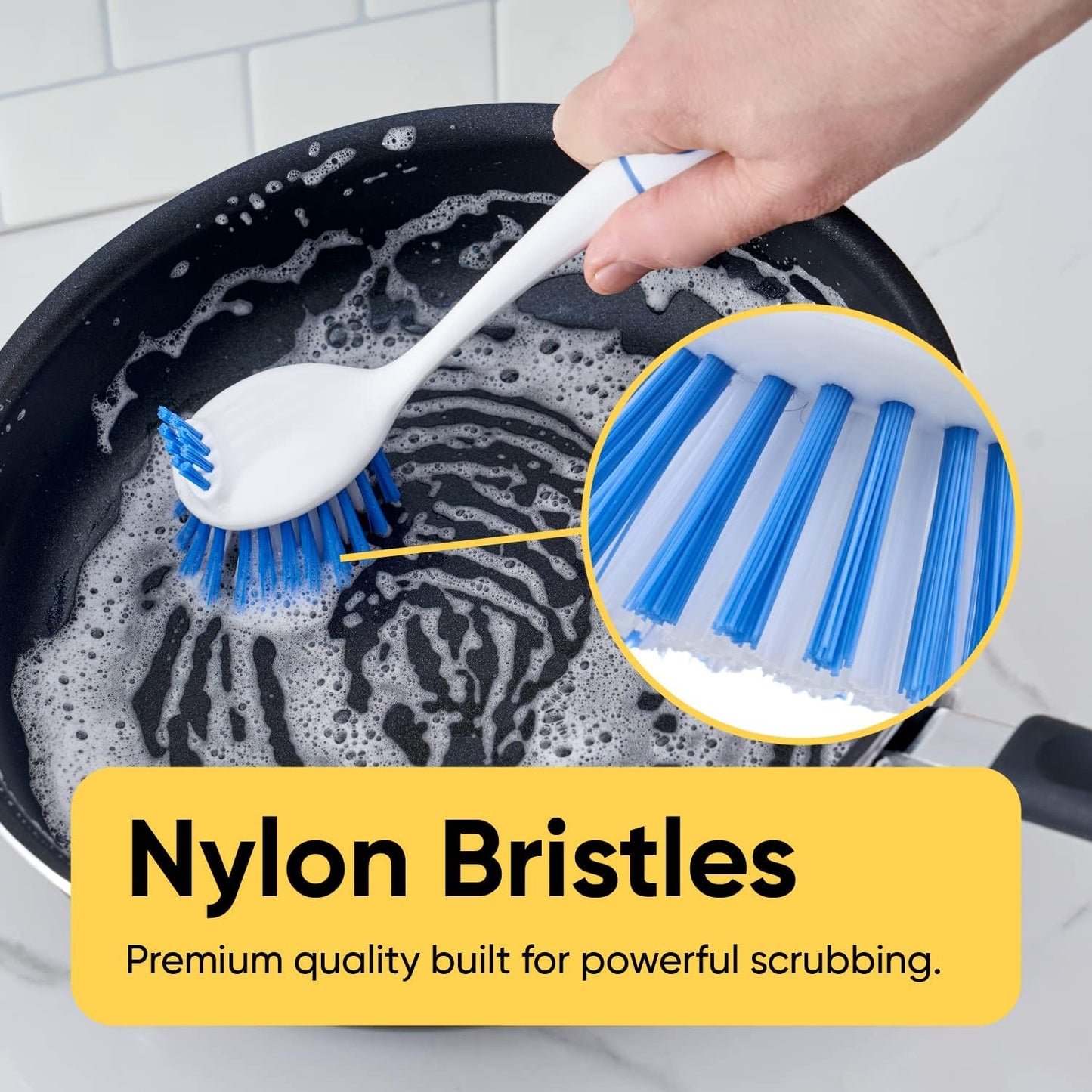 Dish Washing Vegetable Brush Scrubber with Stainless Steel Grill Brush, Scourer Sponge Brush Set with Long Handle and Rubber Grip, Non-Scratch, Kitchen Cleaning Set (2 Pack, Blue)