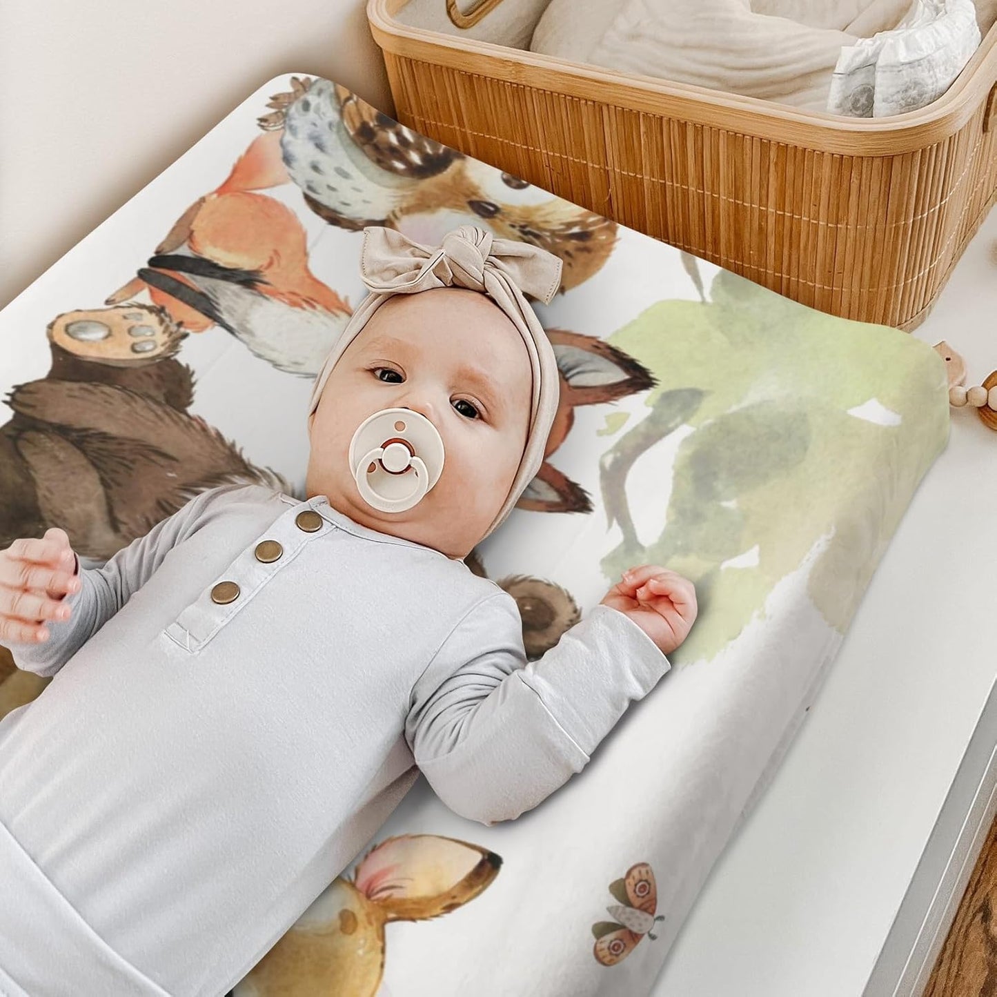 HawSkgFub Animal Friends Changing Pad Cover for Baby Girl Boy, Natural Forest Deer Bear Fox Owl Diaper Change Table Covers, Soft Stretchy Safe Snug Fitted Changing Mat Sheet Fit 32"/34" x 16"